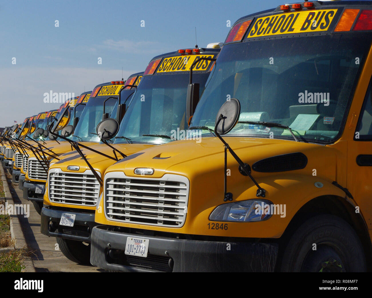 American School Bus parking lot Foto Stock