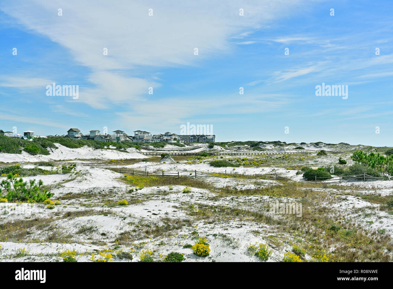 Florida di sabbia costiera paesaggio di dune guardando verso Watersound costiere una comunità vivente nel panhandle o sulla costa del Golfo della Florida, Stati Uniti d'America. Foto Stock