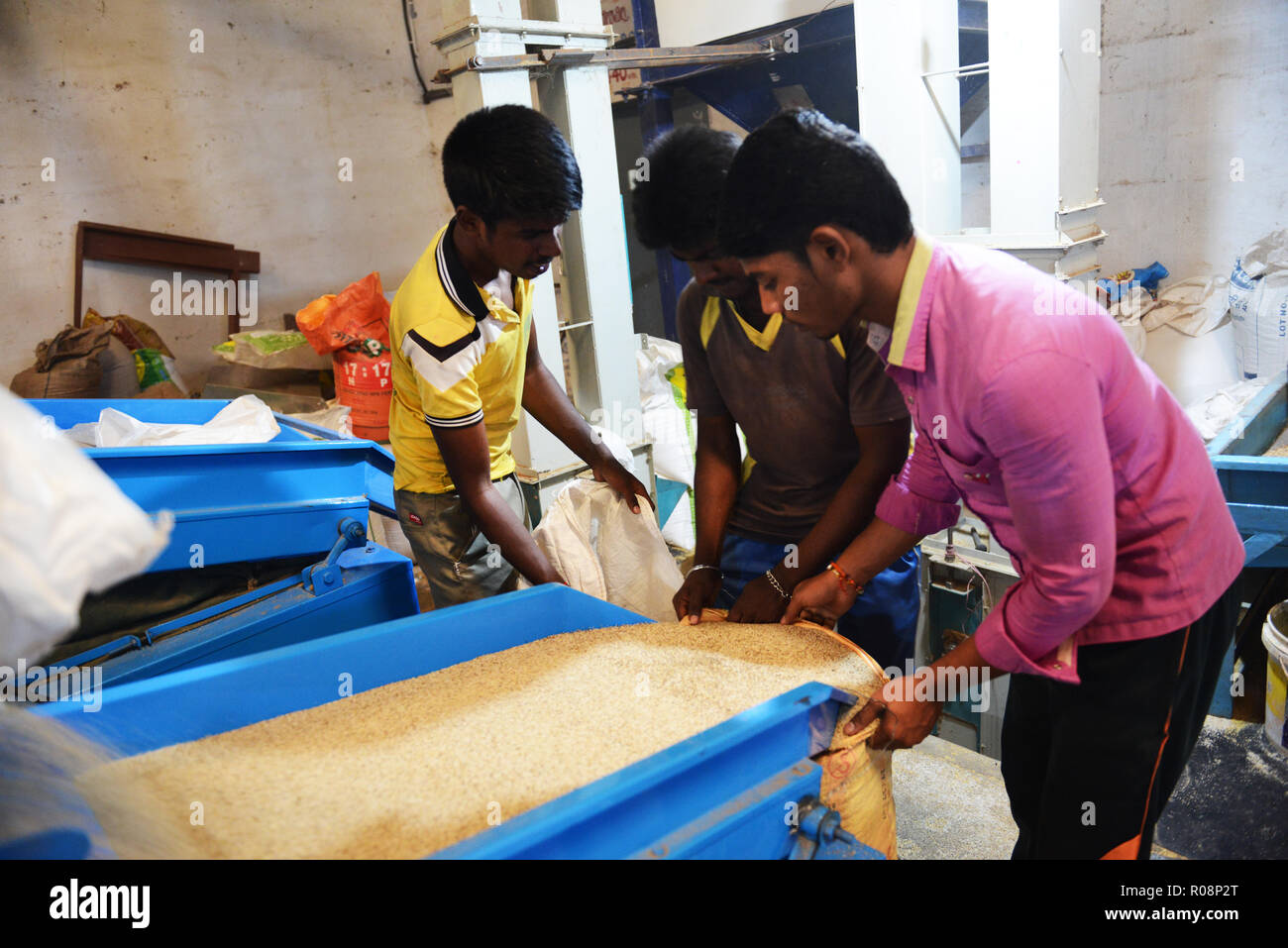 Mondatura millets in una fabbrica in Karnataka, India. Foto Stock