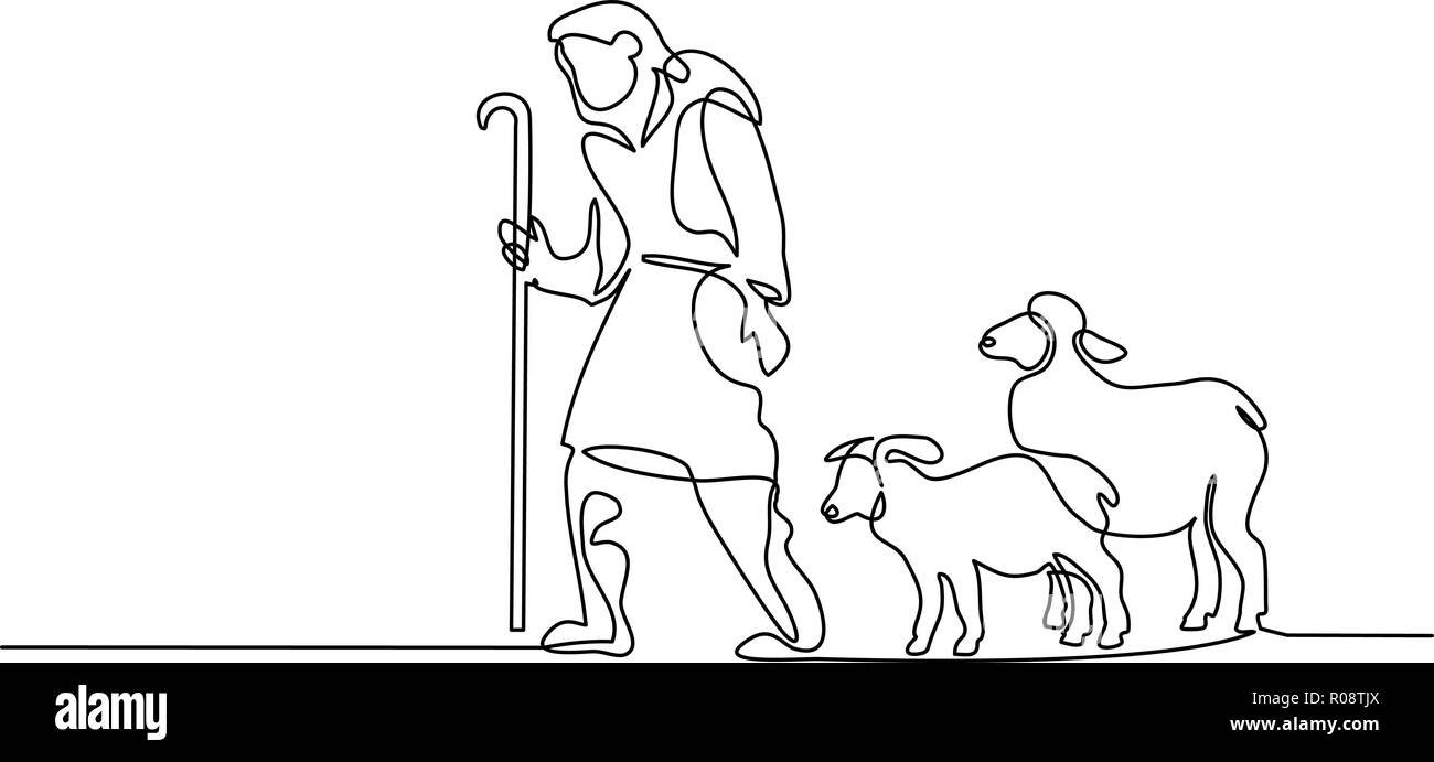 Buon Natale il pastore e le pecore. Continuo di un disegno della linea. Illustrazione Vettoriale Illustrazione Vettoriale