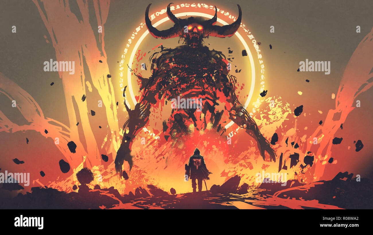Cavaliere con una spada rivolta verso il demone di lava in inferno, arte digitale stile, illustrazione pittura Foto Stock