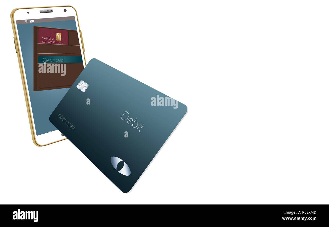 Portafoglio mobile è qui illustrata con un portafoglio in pelle e le carte di credito sono in ed intorno a un telefono cellulare che è utilizzato per il mobile banking e acquisti. Foto Stock