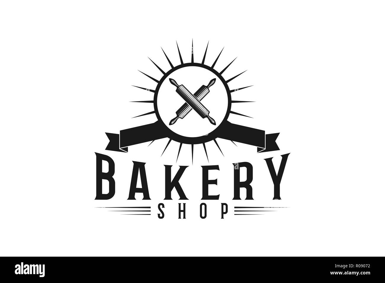 Attraversato mattarello, vintage bakery shop disegni logo ispirazione isolata su sfondo bianco Illustrazione Vettoriale