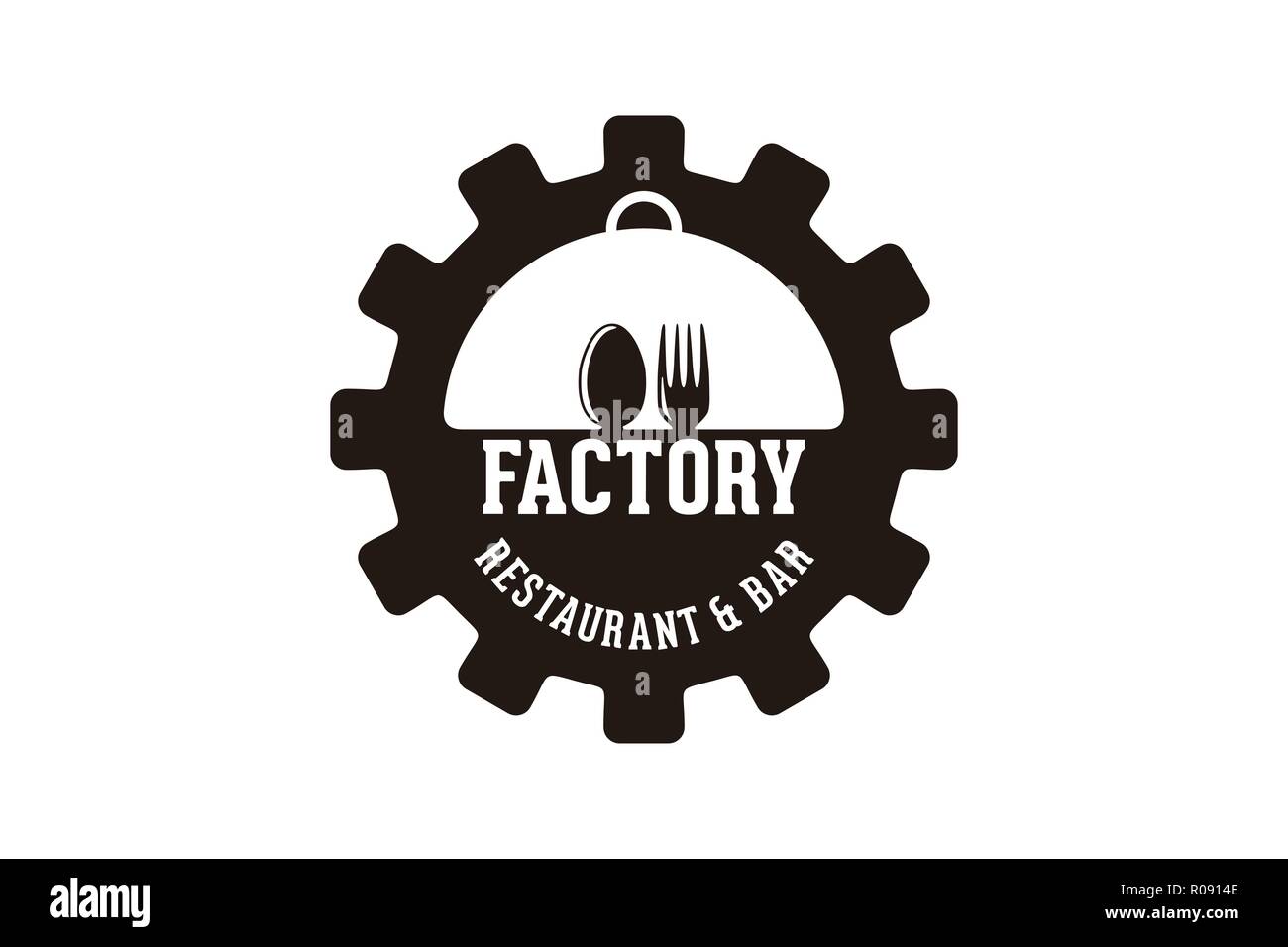 Ingranaggio, cucchiaio e forchetta, ristorante factory disegni logo ispirazione isolata su sfondo bianco Illustrazione Vettoriale