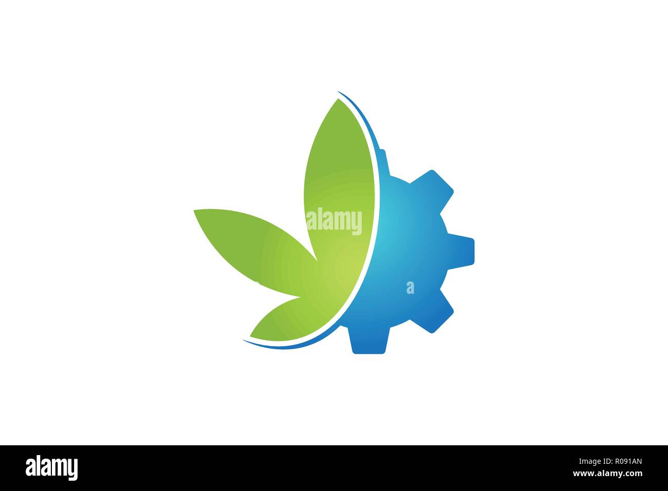 Cannabis leaf e ingranaggio disegni logo ispirazione isolata su sfondo bianco Illustrazione Vettoriale