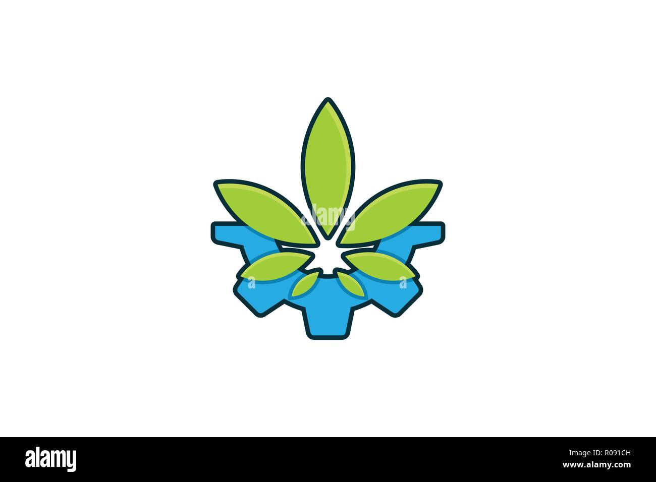 Ingranaggio e cannabis leaf disegni logo ispirazione isolata su sfondo bianco Illustrazione Vettoriale