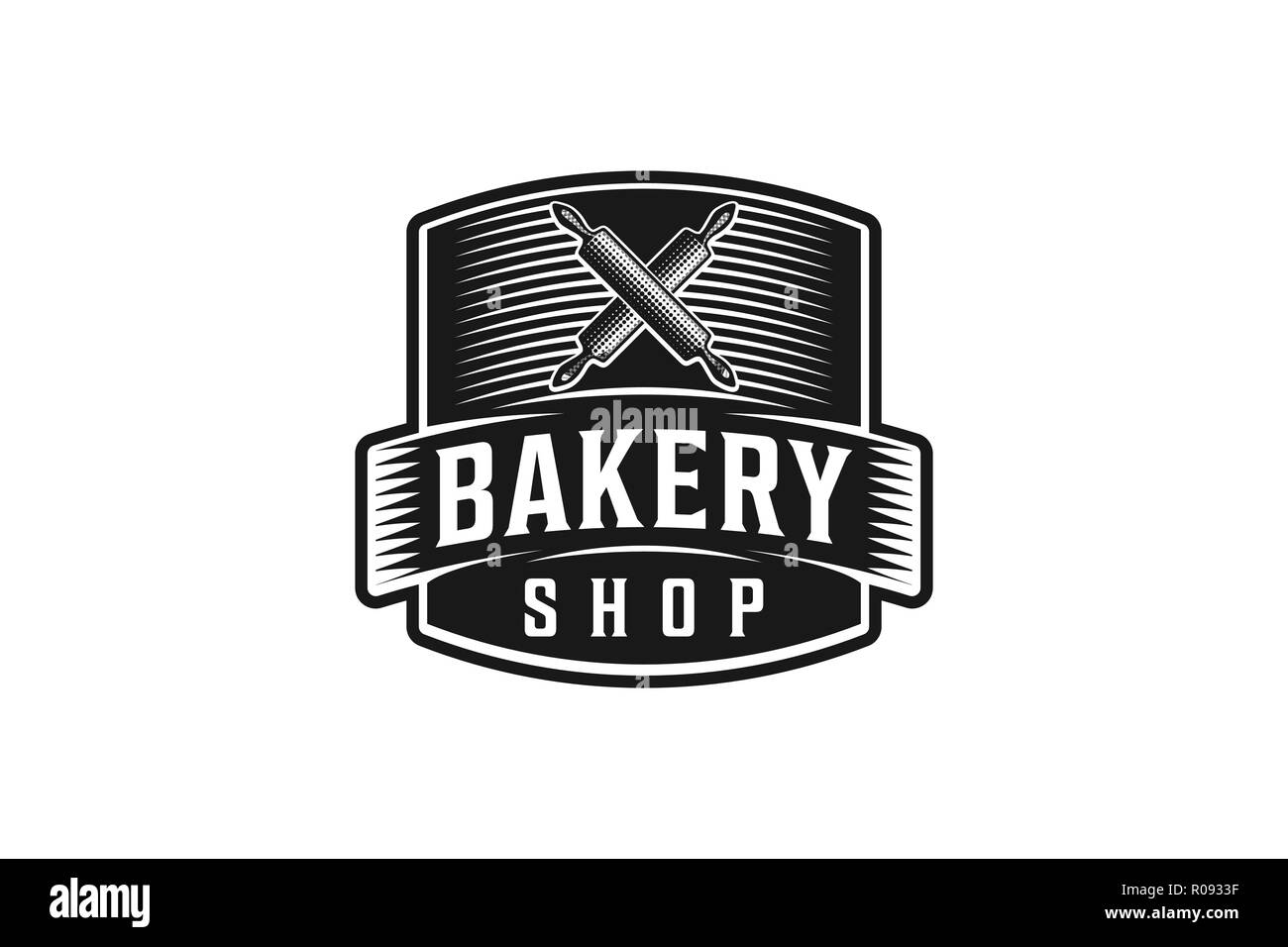 Attraversato mattarello, vintage panificio disegni logo ispirazione isolata su sfondo bianco Illustrazione Vettoriale
