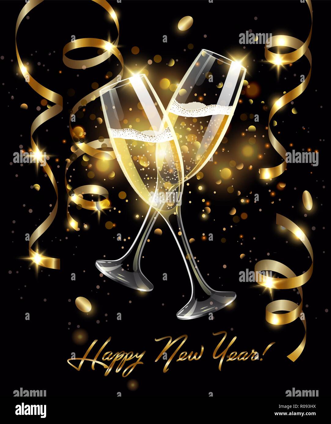 Vini spumanti di bicchieri di champagne con serpentina in oro su sfondo nero, effetto bokeh di fondo con segno Felice Anno Nuovo Illustrazione Vettoriale