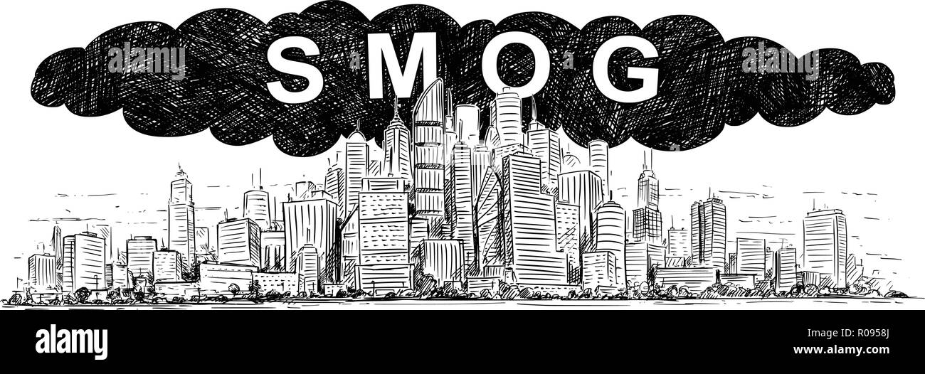 Vettore di disegno artistico illustrazione della città coperto da smog e inquinamento atmosferico Illustrazione Vettoriale