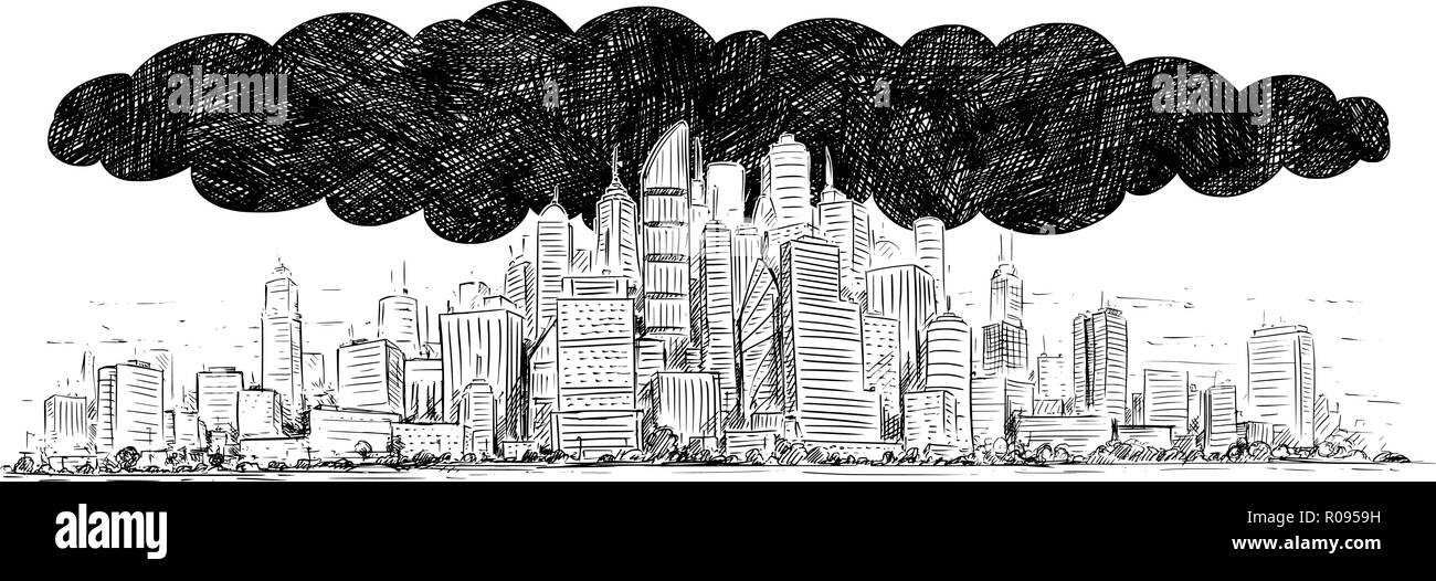Vettore di disegno artistico illustrazione della città coperto da fumo e inquinamento atmosferico Illustrazione Vettoriale