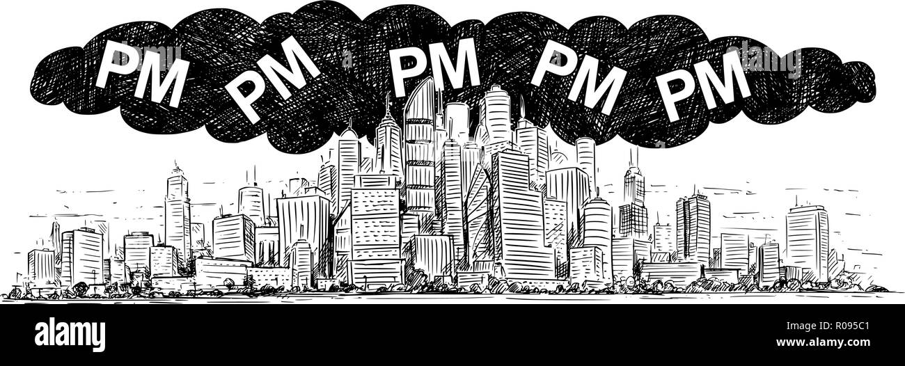 Vettore di disegno artistico illustrazione della città coperto da smog e PM o di particolato dell'inquinamento atmosferico Illustrazione Vettoriale