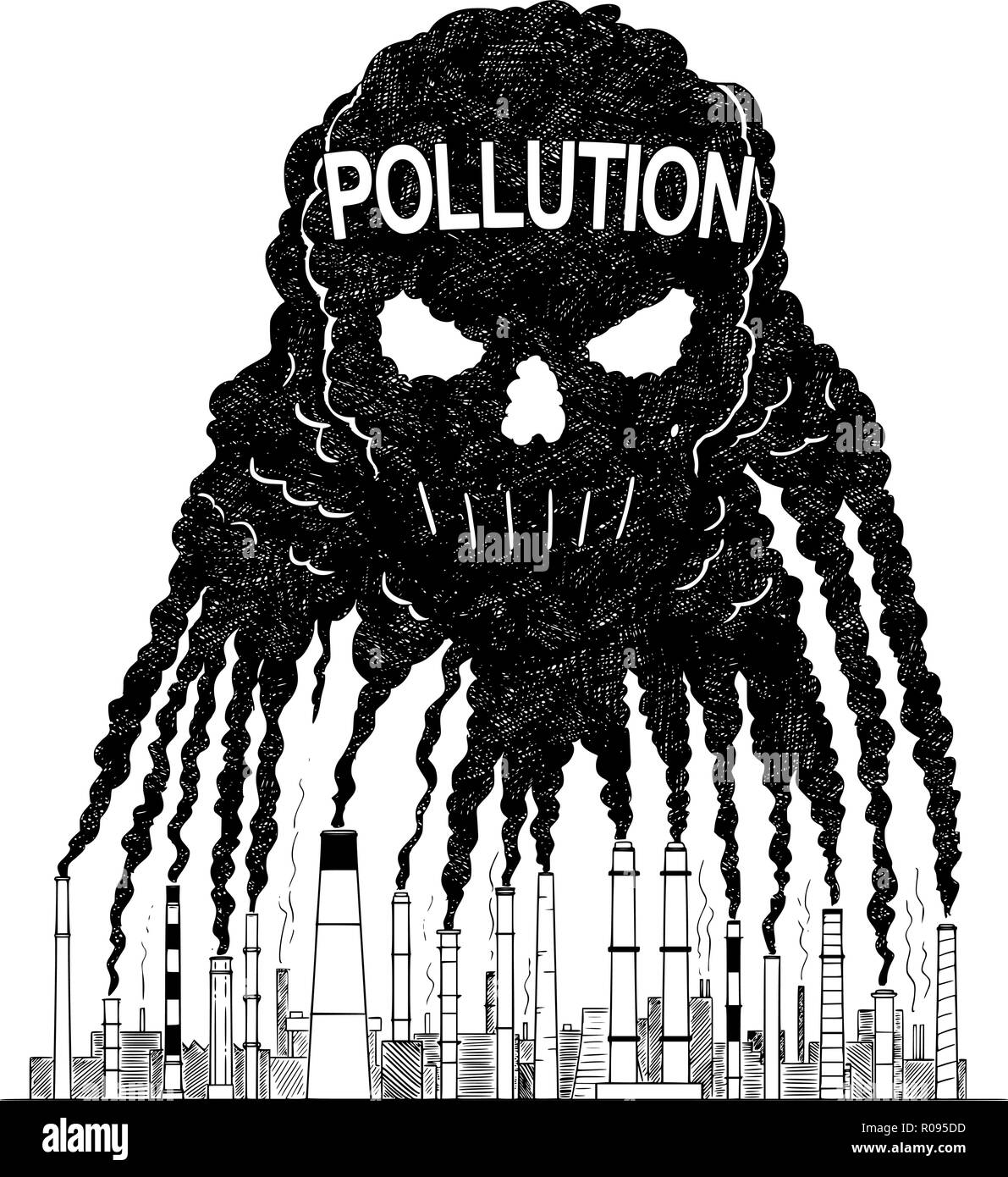 Vettore di disegno artistico illustrazione di fumo dalla fornace Creazione di cranio umano, concetto di smog tossici e inquinamento atmosferico Illustrazione Vettoriale