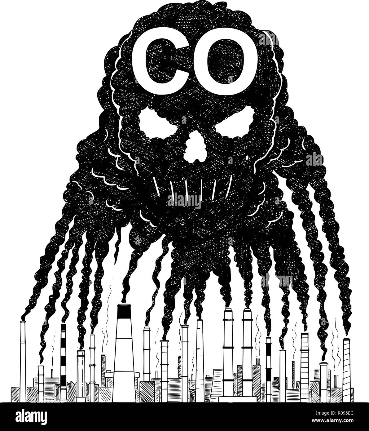 Vettore di disegno artistico illustrazione di fumo dalla fornace Creazione di cranio umano, concetto di co l'Inquinamento atmosferico Illustrazione Vettoriale