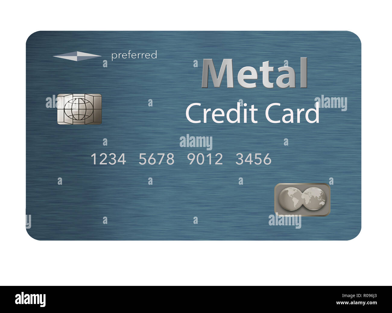 Qui è un metallo carta di credito che è blu con una finitura metallica spazzolata. Si tratta di un'illustrazione ed è un generico, scheda fittizia con mock loghi etc. Foto Stock
