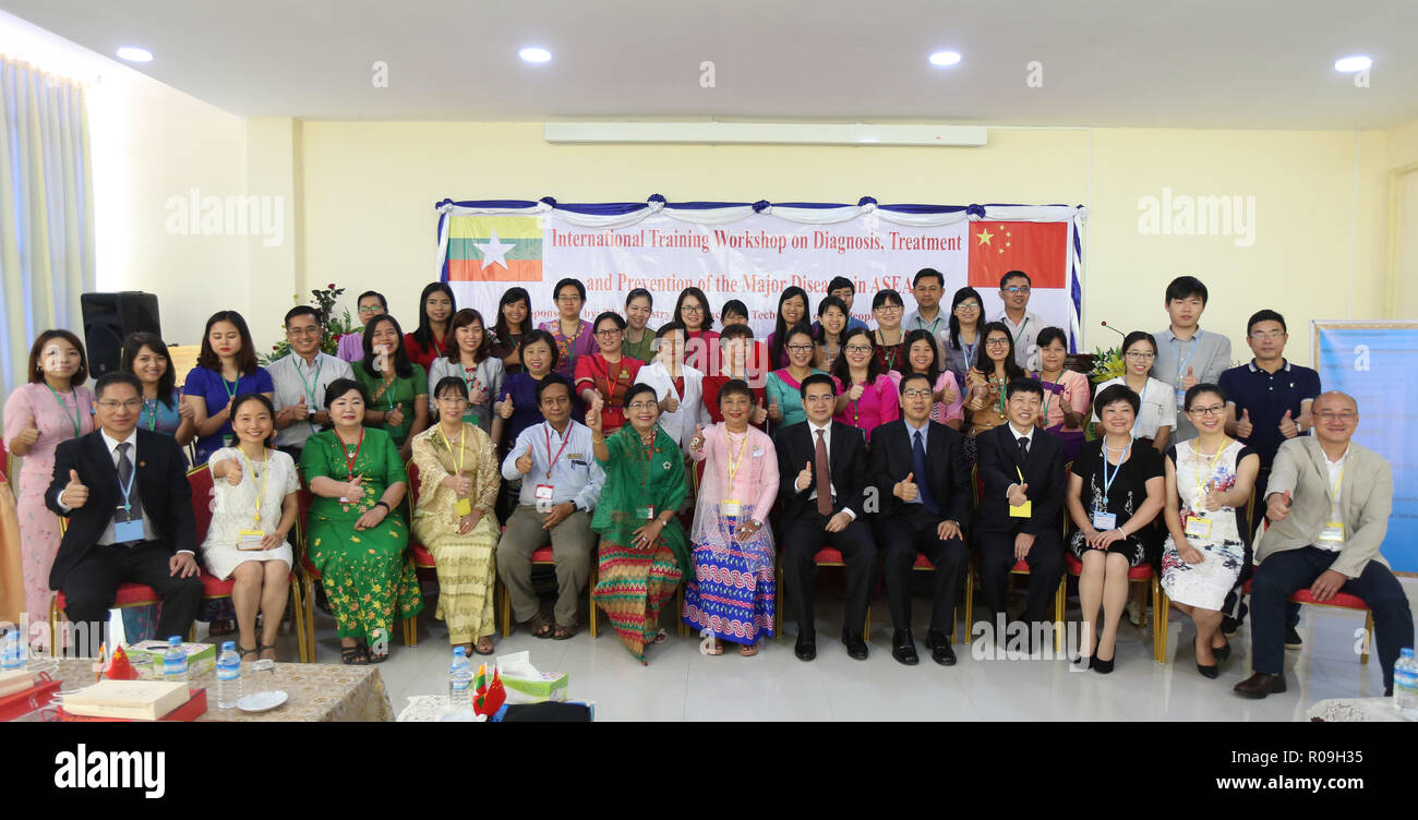 Yangon, Myanmar. 2° Nov, 2018. Rappresentanti cinesi da Hainan Medical University, professori di Ostetricia e Ginecologia del Myanmar università medica e i rappresentanti del Centro di Women's Hospital posano per una foto di gruppo a Yangon, Myanmar, nov. 2, 2018. Un China-Myanmar international training workshop sulla diagnosi, il trattamento e la prevenzione delle principali malattie nei paesi dell'Associazione delle nazioni del sud-est asiatico (ASEAN) è stato inaugurato a Yangon venerdì. Credito: U Aung/Xinhua/Alamy Live News Foto Stock