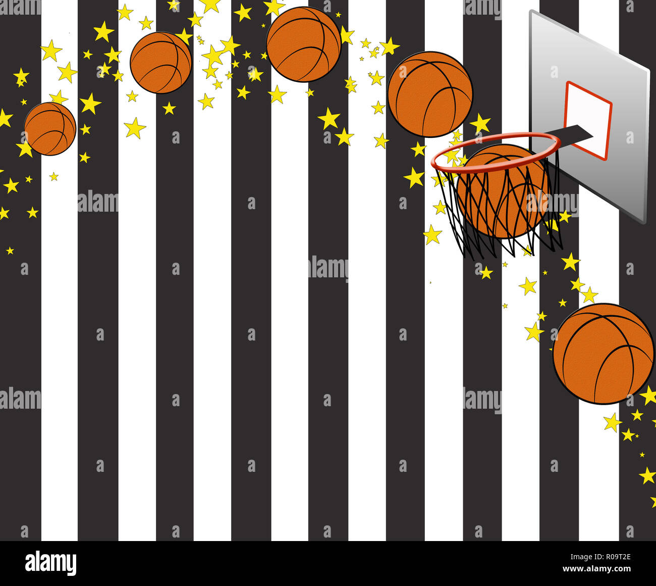 Illustrazione grafica del flusso di basketballs voce per il cerchio con stelle gialle che li circondano. In bianco e nero di sfondo di stripe. Foto Stock