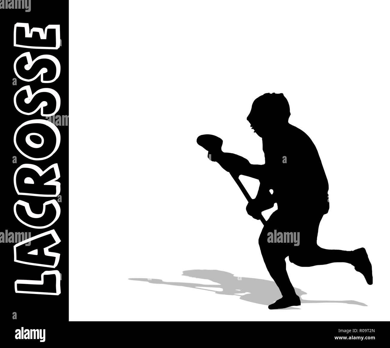 Immagine in bianco e nero di lacrosse giocando in esecuzione con il bastone. La riflessione al di sotto di lui. Foto Stock