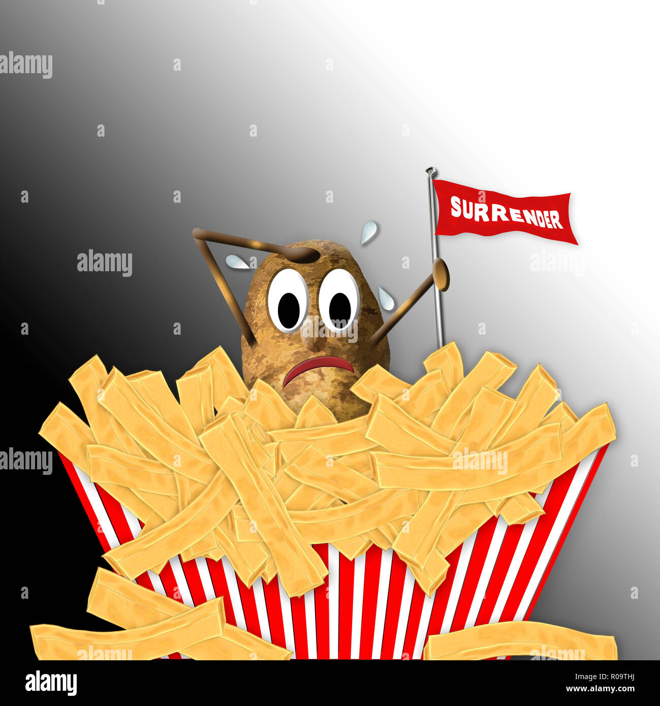 Cartoonish potato carattere nel concetto grafico immagini. Una sola immagine indossando occhiali da sole e con tavole da surf posa su patatine fritte. Altra immagine sventola bandiera Foto Stock