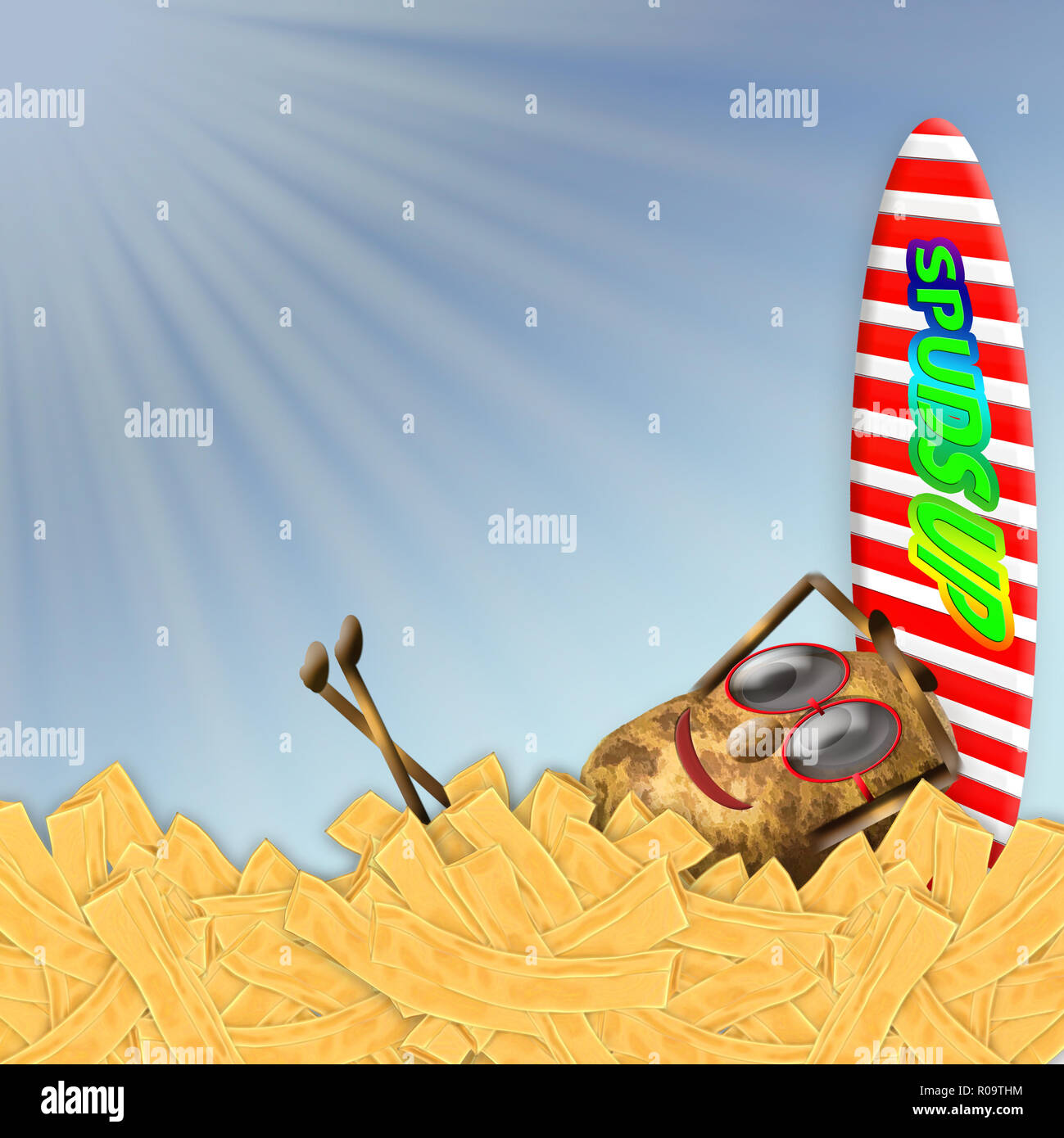 Cartoonish potato carattere nel concetto grafico immagini. Una sola immagine indossando occhiali da sole e con tavole da surf posa su patatine fritte. Altra immagine sventola bandiera Foto Stock