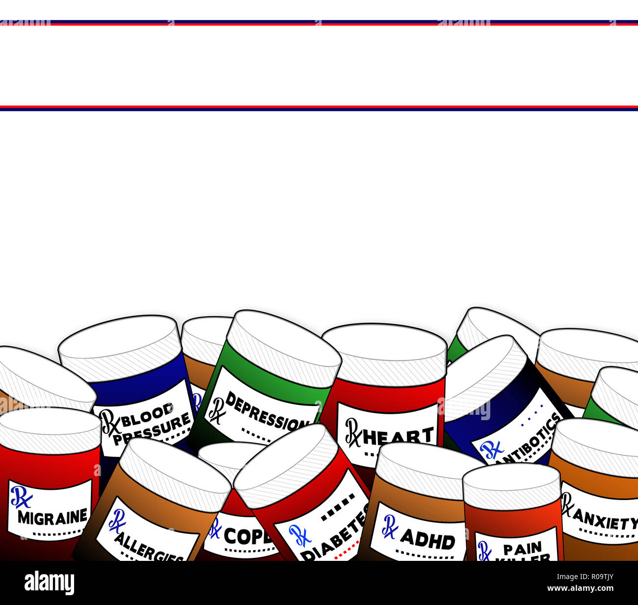 Illustrazione grafica di un assortimento di medicina bottiglie e area di testo sopra per il testo. Concetto di immagine per un uso eccessivo della medicina e della dipendenza da droghe. Foto Stock