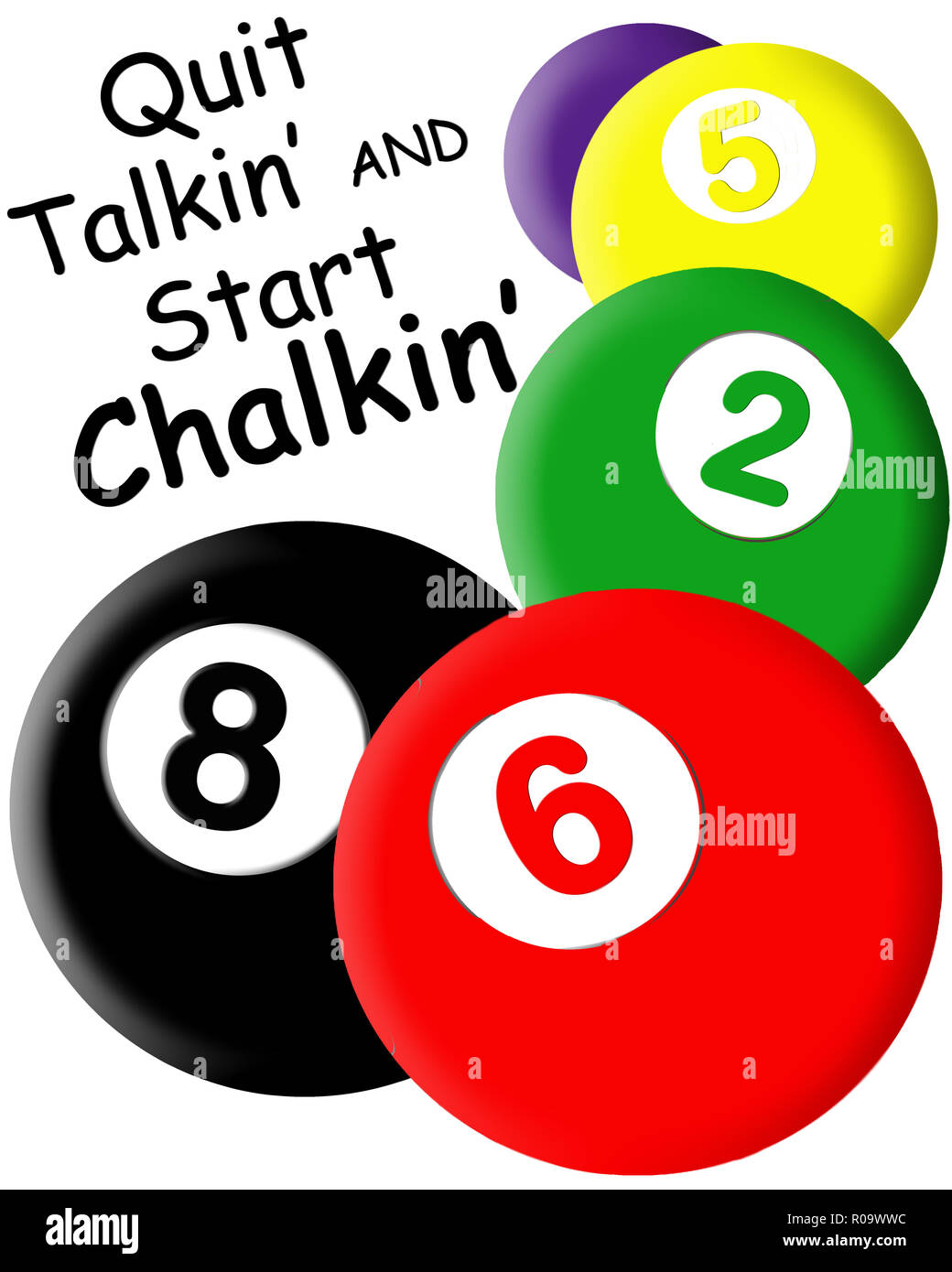 Illustrazione grafica del biliardo que le sfere con numeri e uno è la palla otto. Preventivo sull'immagine: Esci talkin' e avviare chalkin' Foto Stock