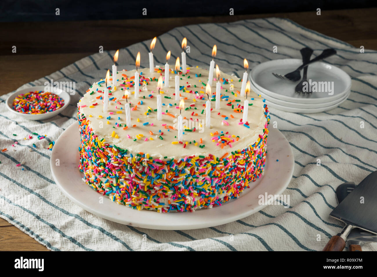 Dolci fatti in casa torta di compleanno con candele pronto a servire Foto Stock