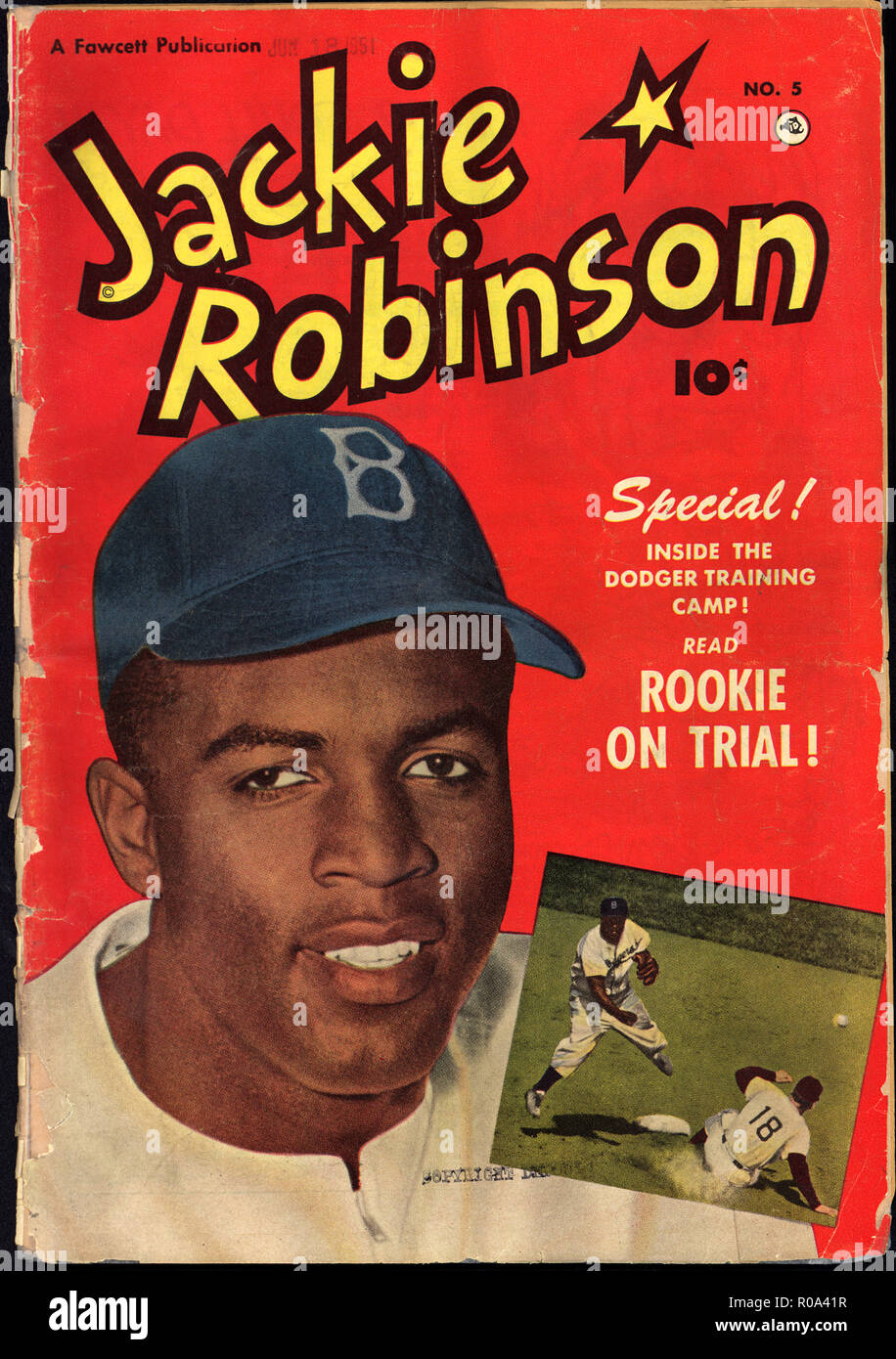 Jackie Robinson Copertina, testa e spalle ritratto, e inset Azione foto di baseball, Fawcett Pubblicazione, Edizione 5, 1951 Foto Stock