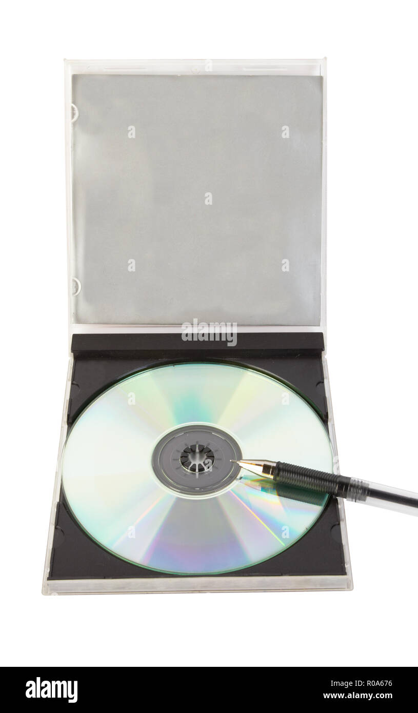 La penna e il disco isolate su un bianco Foto Stock