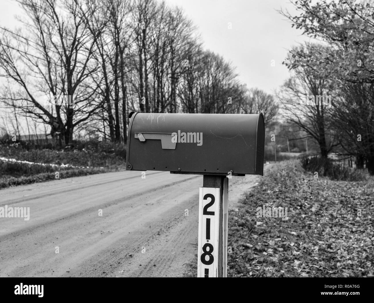 Bianco e nero casella postale su una strada sterrata Foto Stock