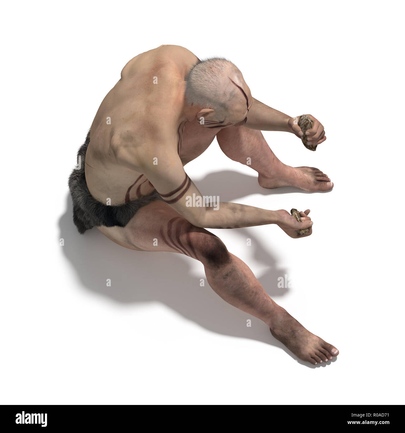 Il vecchio uomo di Neanderthal facendo una selce Foto Stock