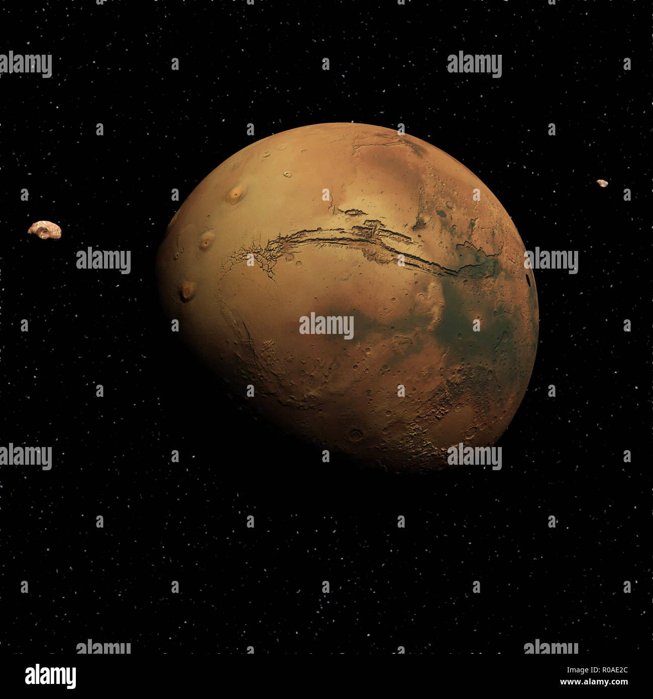 3D render di Marte , Phobos e Deimos Foto Stock