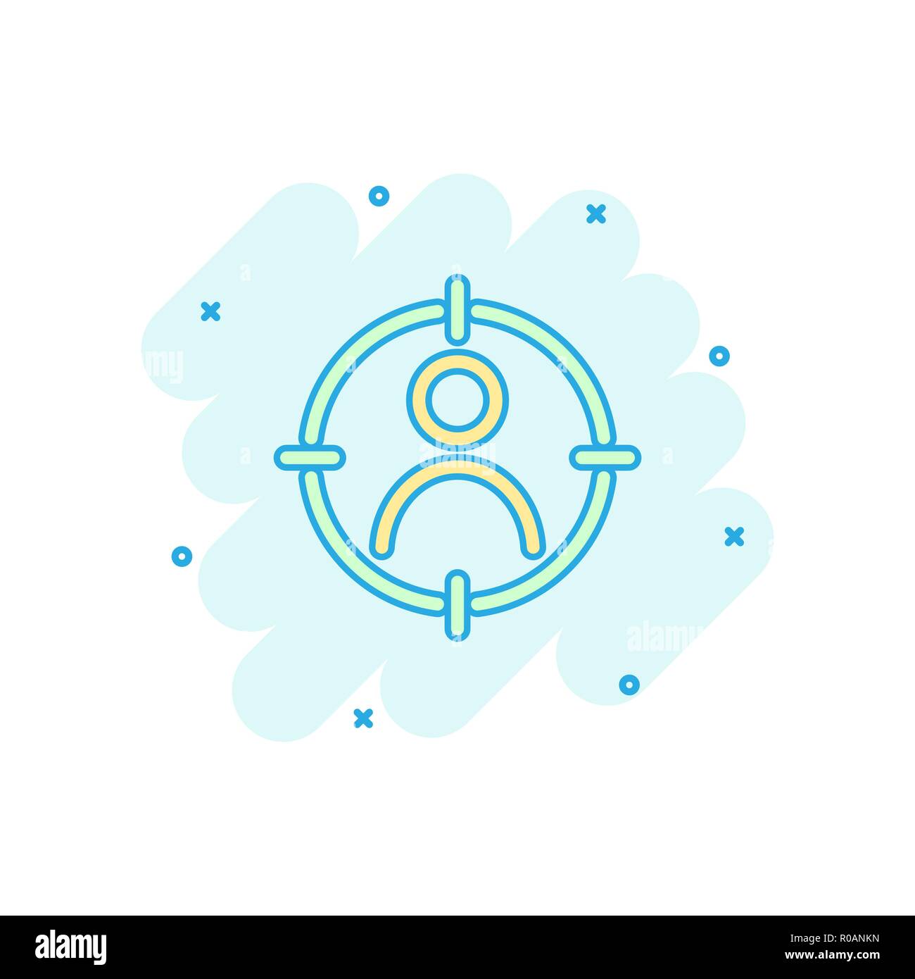 Vector cartoon pubblico target icona in stile fumetto. Target Marketing il concetto di strategia illustrazione pittogramma. Aim su persone effetto splash concept. Illustrazione Vettoriale