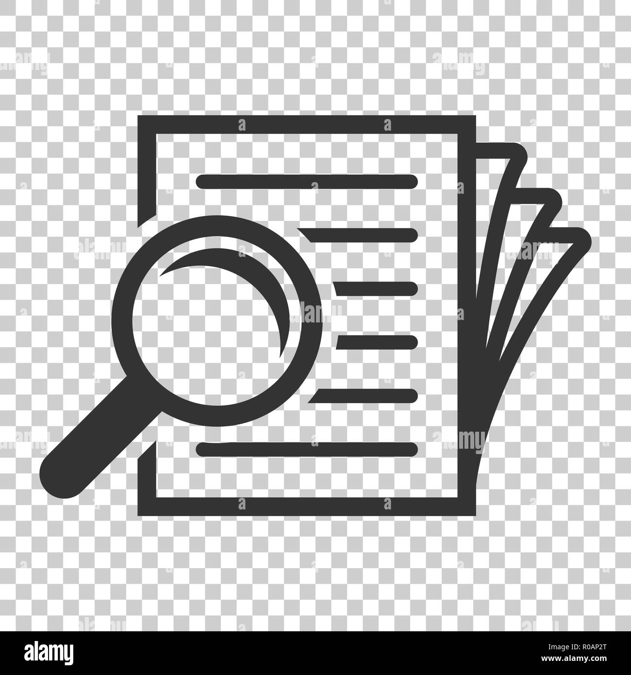 Documento di controllo icona del piano in stile appartamento. Dichiarazione di revisione illustrazione vettoriale su sfondo isolato. Documento con lente di ingrandimento Loupe concetto aziendale Illustrazione Vettoriale