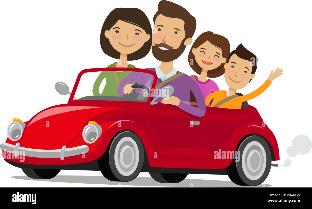 La famiglia felice che viaggiano in auto. Viaggio, concetto di viaggio. Fumetto illustrazione vettoriale Illustrazione Vettoriale
