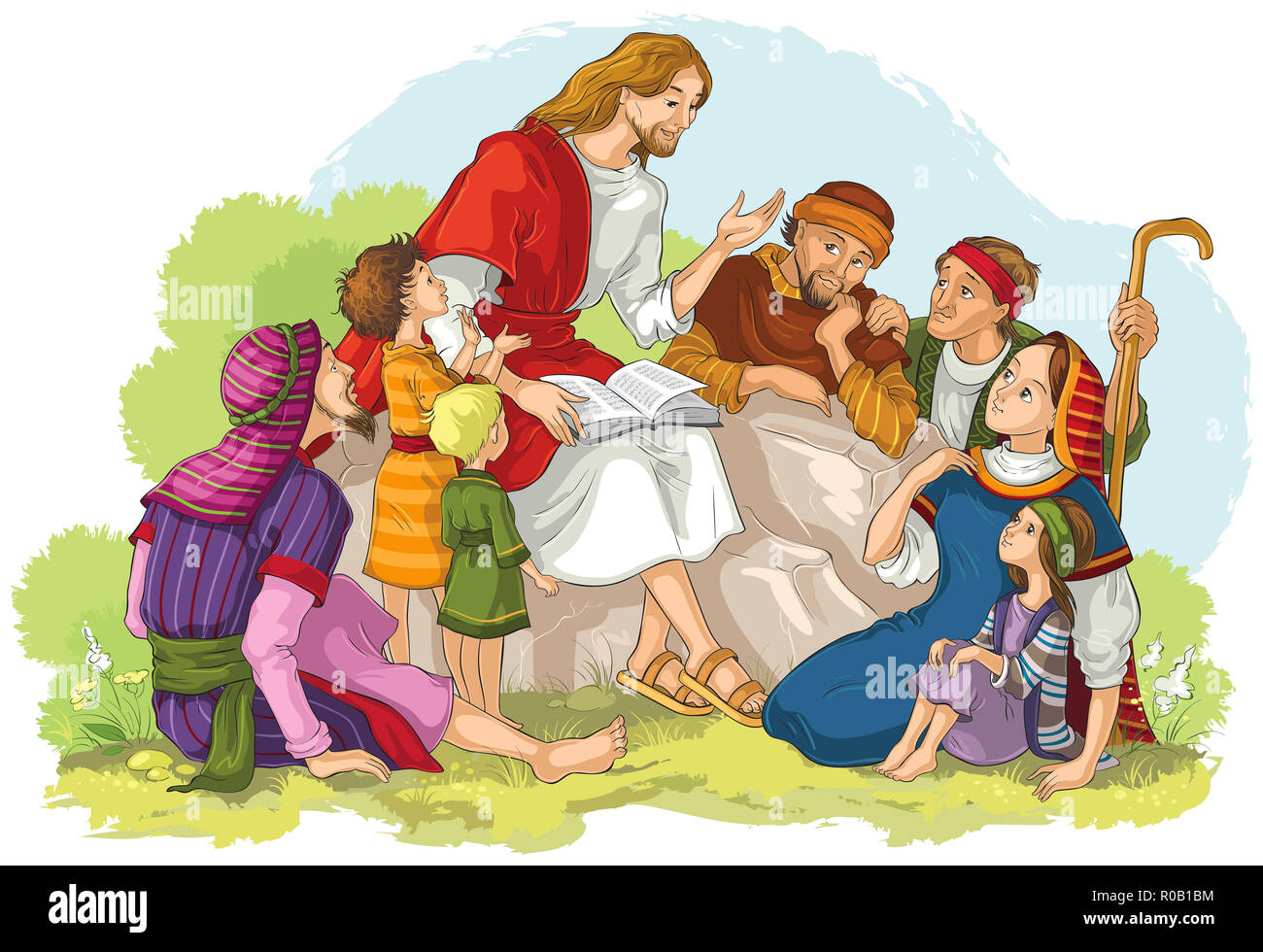 La predicazione di Gesù a un gruppo di persone.Cartoon illustrazione cristiana Foto Stock