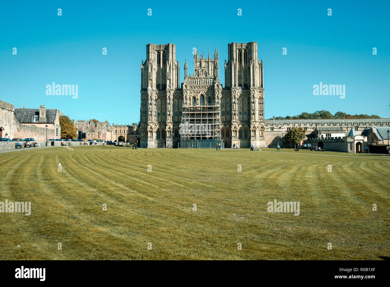 Vista della Cattedrale di Wells nel Somerset, Inghilterra, 2018 Foto Stock