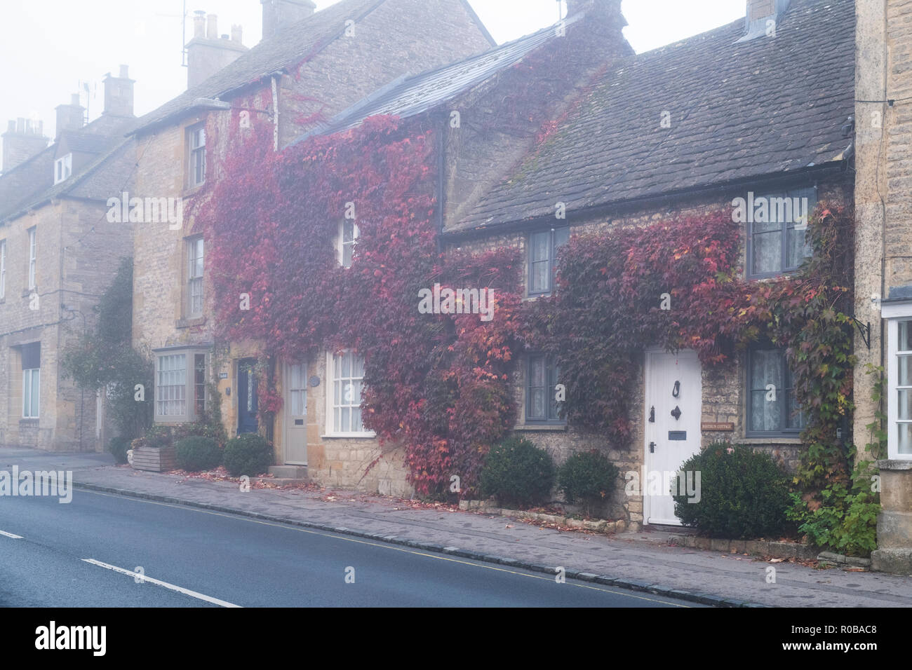 Sheep Street cottage coperto di edera Boston nel primo mattino nebbia autunnale, Stow on the Wold, Gloucestershire, Cotswolds, Inghilterra Foto Stock