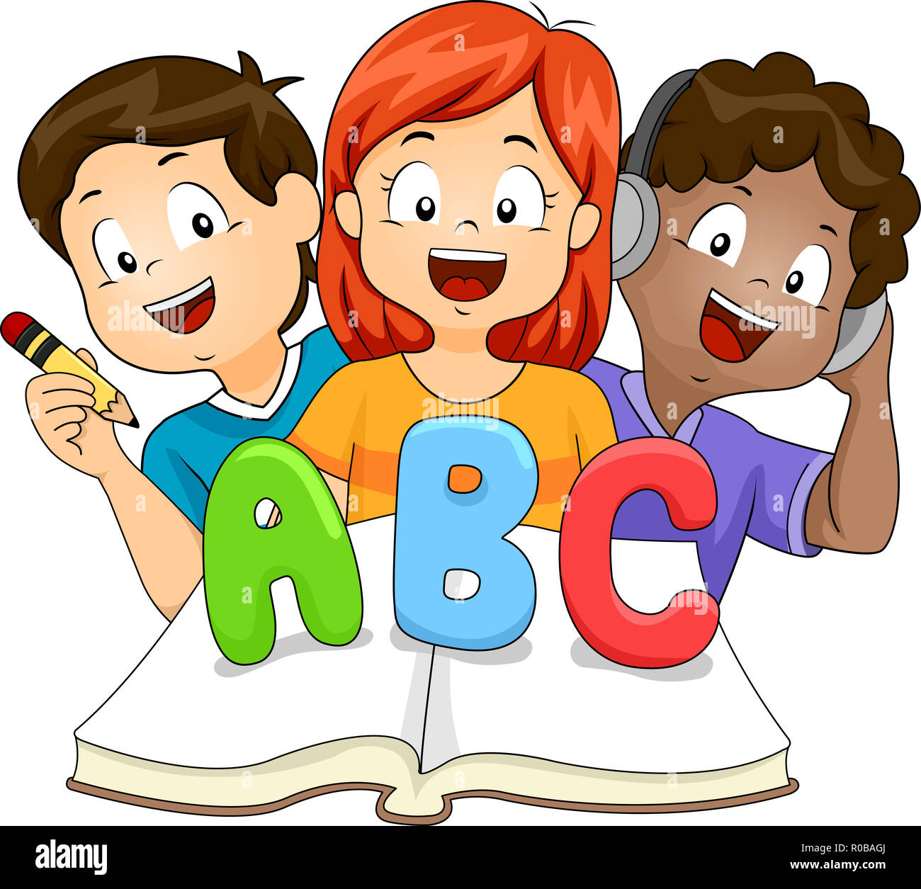 Illustrazione di apprendimento bambini ABC Libro di ascolto, lettura e scrittura Foto Stock