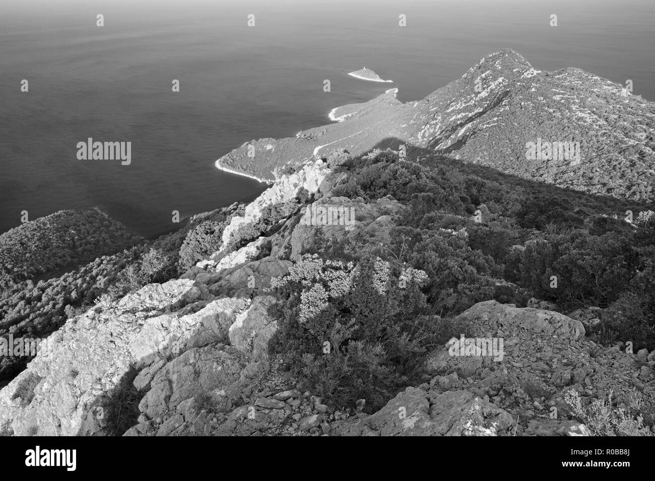 Croazia - il paesaggio e la costa della penisola di Peliesac vicino Zuliana da Sveti Ivan picco. Foto Stock