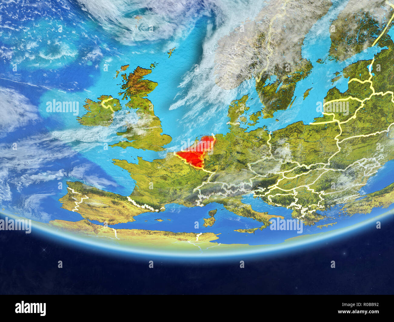 Unione Benelux sul modello realistico del pianeta Terra con i confini e molto dettagliata della superficie planet e nuvole. 3D'illustrazione. Gli elementi di questo ho Foto Stock