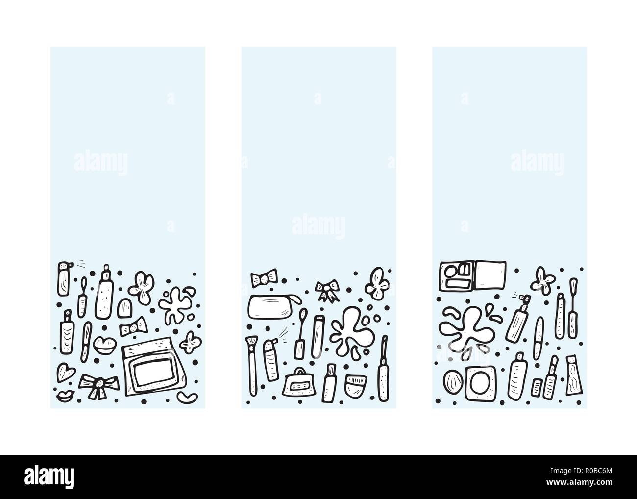 Set di vettore di banner verticali degli elementi di bellezza. Set di doodle stile strumenti di personalizzazione. Trucco raccolta di sfondi per i social media. Illustrazione Vettoriale