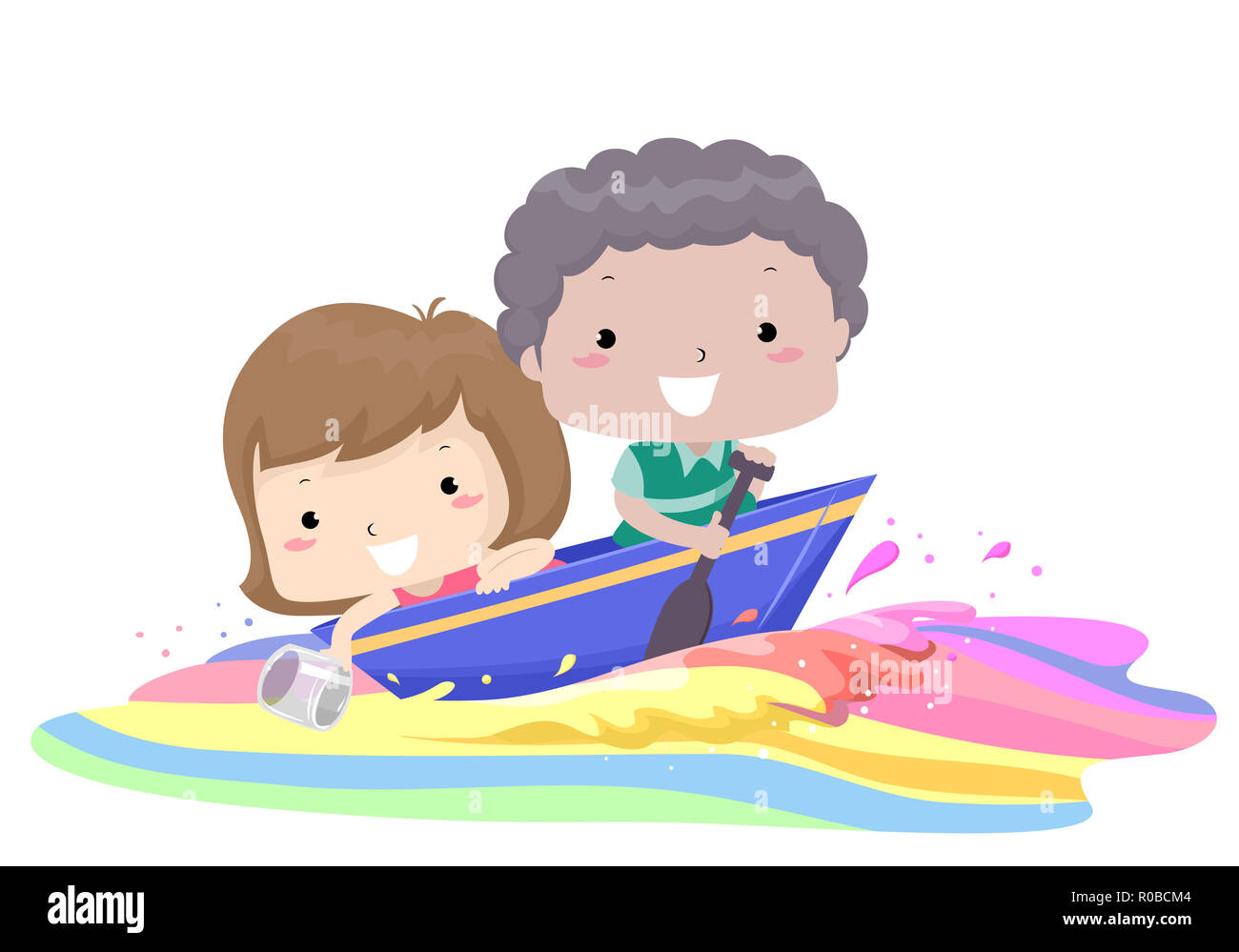 Illustrazione dei ragazzi in sella a una barca lungo un acqua colorata con la ragazza per la raccolta delle acque e il ragazzo remare la barca Foto Stock