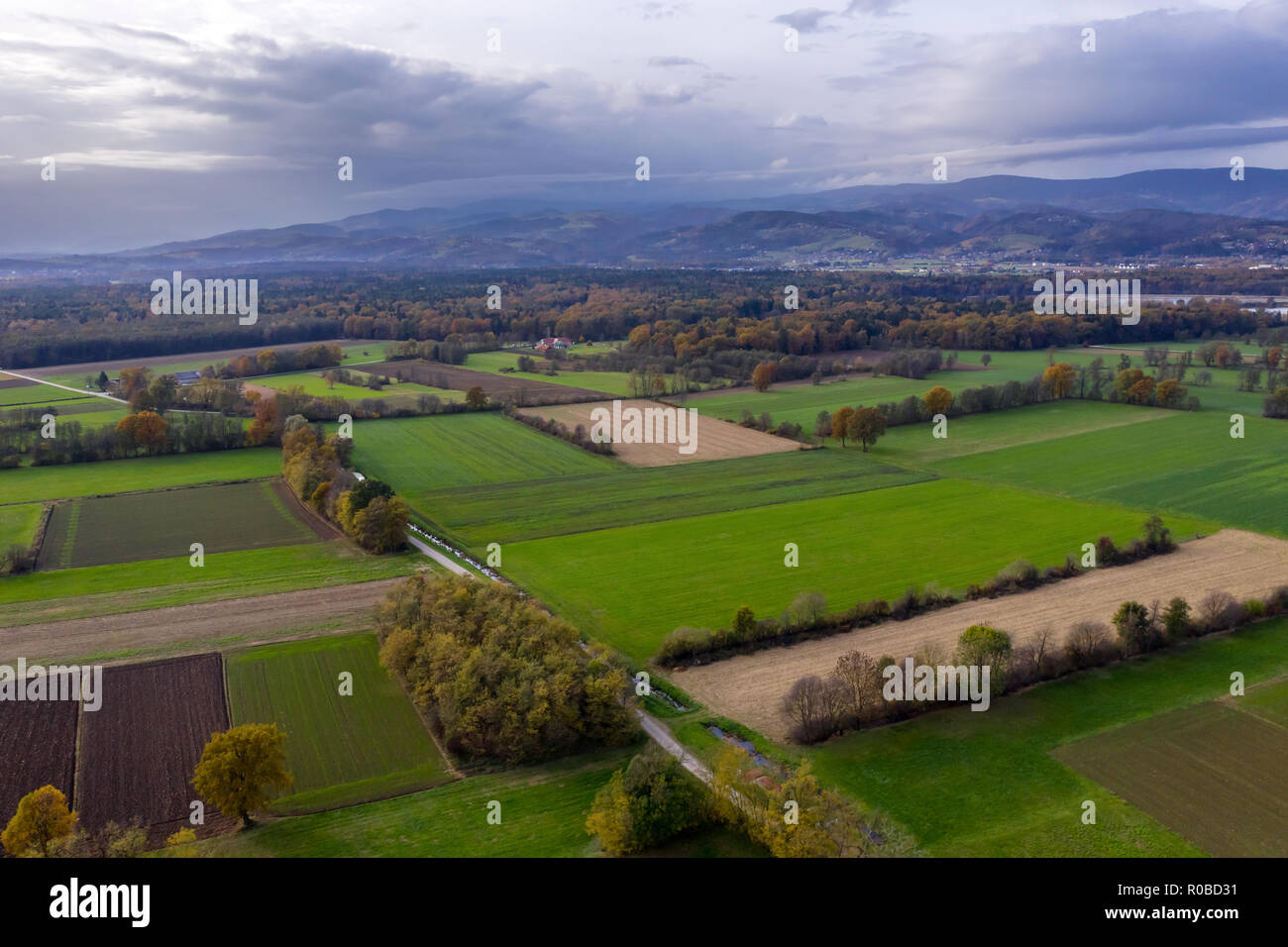 Vista aerea della campagna della Slovenia orientale con campi, boschi e siepi, siepi che dividono campi e prati, Pohorje montagna in fondo Foto Stock