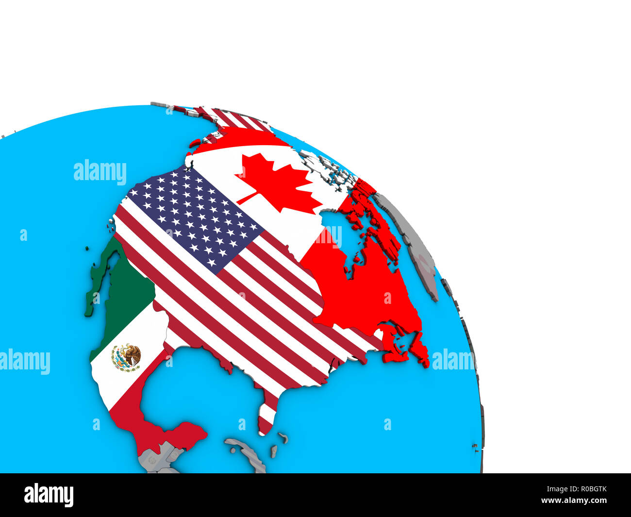 Il NAFTA memeber membri con embedded bandiere nazionali sulla semplice politica blu globo 3D. 3D'illustrazione. Foto Stock