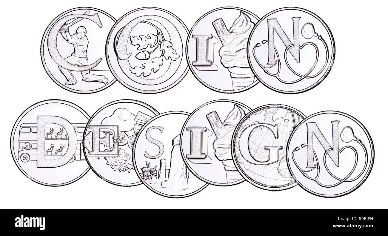 British 10p moneta (retromarcia) da 2018 alfabeti serie, celebrando britannicità. Compitazione "Coin Design' Foto Stock