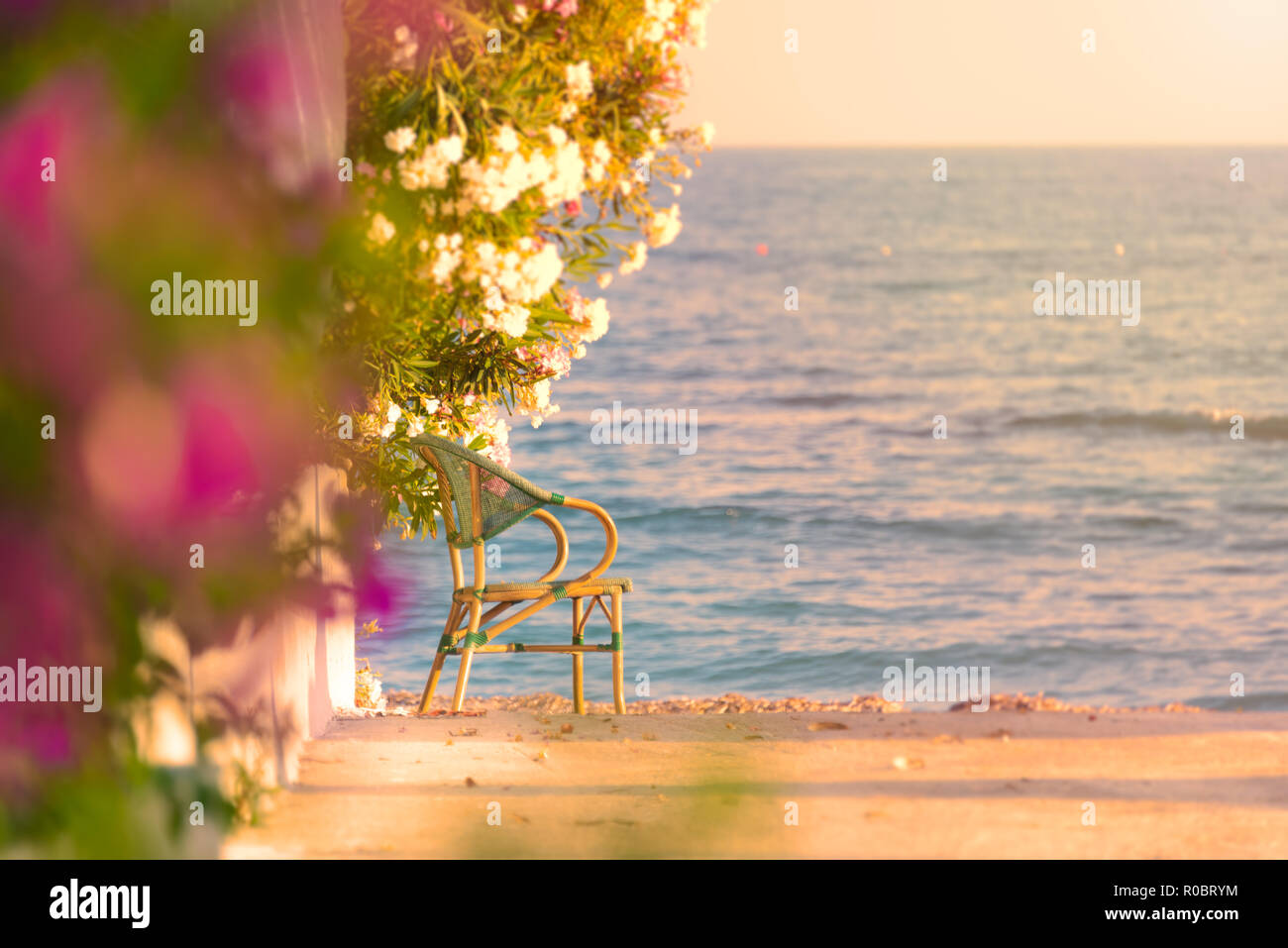 Bella scena con sedia in spiaggia con mare e Cielo di tramonto in background e il fogliame in primo piano. Per il vostro relax. Foto Stock