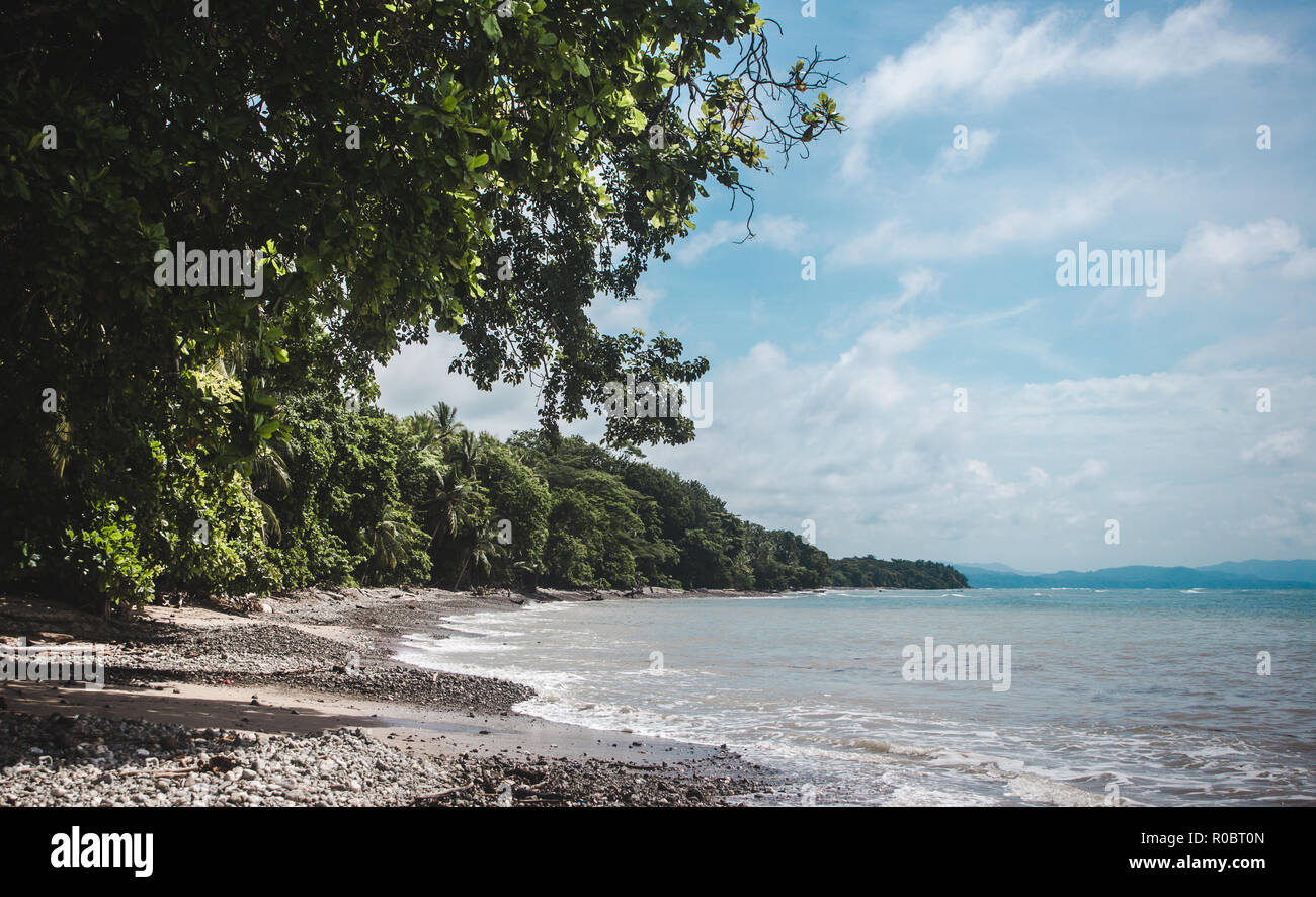 Una fitta foresta dà modo di un oscuro spiaggia sassosa sul promontorio della penisola di Nicoya in Costa Rica, vicino a Manzanillo Foto Stock