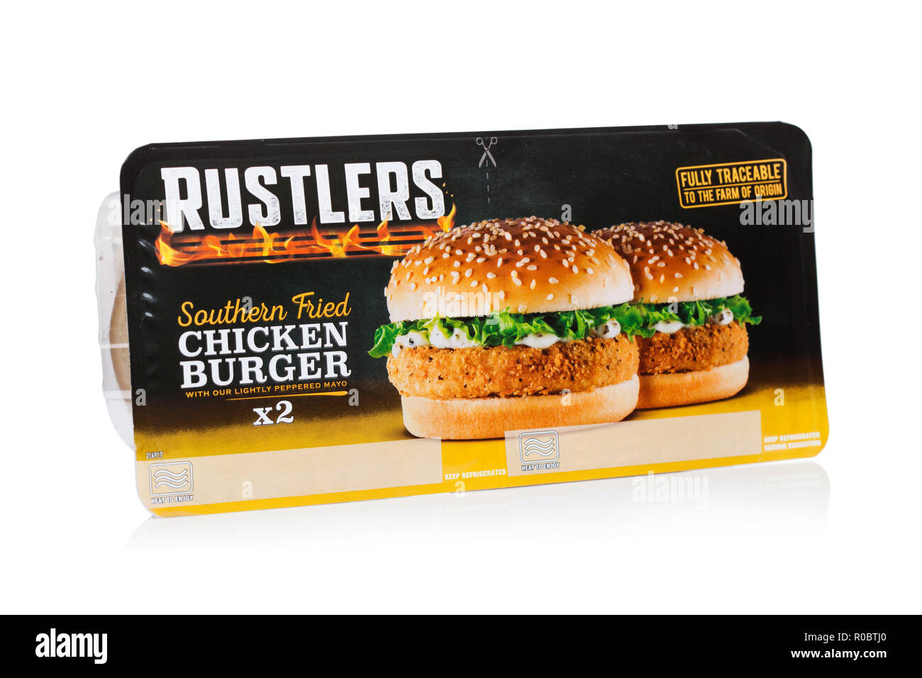 LONDON, Regno Unito - 01 novembre 2018: Pack di Rustlers meridionale checken fritte Burger il bianco. Foto Stock