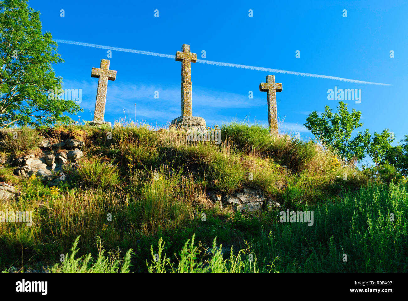 Le tre croci di Saint-Privat-d'Allier (centro-sud della Francia) Foto Stock