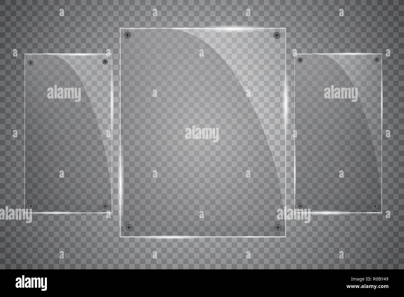 Le piastre di vetro sono installati. Vettore banner di vetro su uno sfondo trasparente. Il vetro. Dipinti di vetro. Cornici a colori. Illustrazione Vettoriale